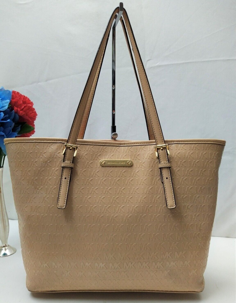 Michael Kors Beige Coated Canvas Leather Trim MK Printed Double Handles Tote Bag